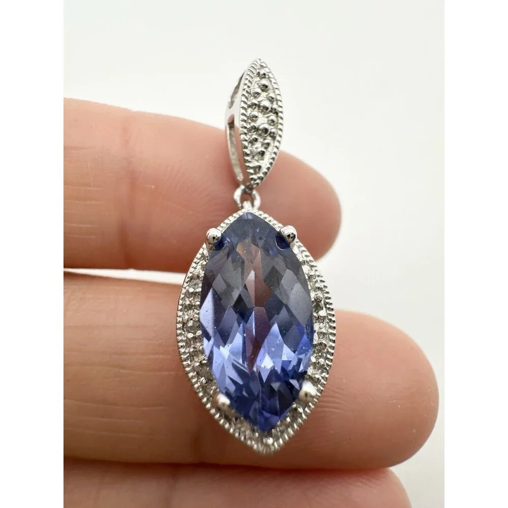 925 Sterling Silver Marquise blue Spinel Pendant with Diamond